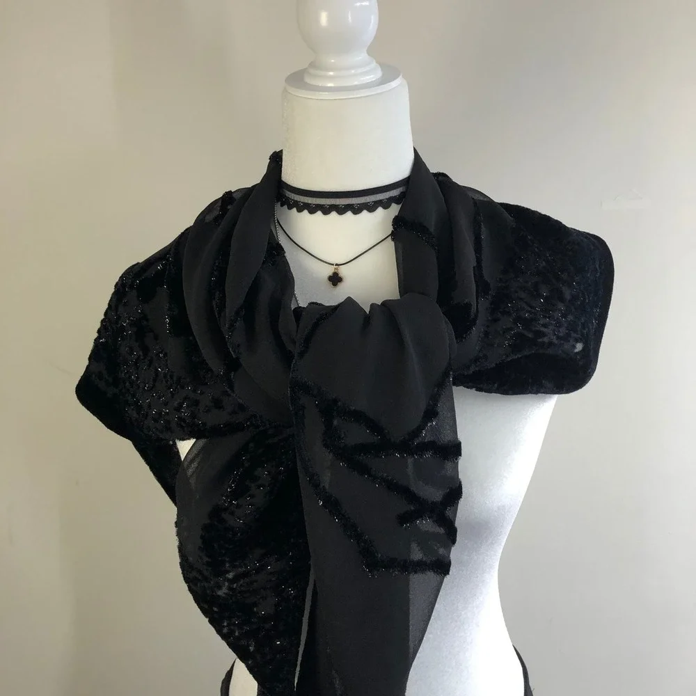 Vintage 90s Ellen Tracy Silk Devore Burnout Velvet Scarf Wrap Black Sheer
